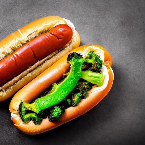 Prompt: photo shoot portrait of a delicious hot dog with whole sardines, broccoli, ketchu and mustard, detailed, uhd, 8k,