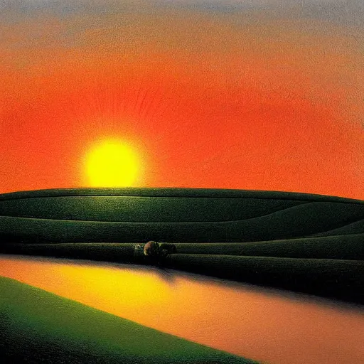 Prompt: a landscape of fields and the sun going down art by Corfield Paul