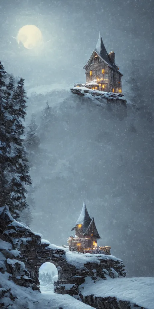 Prompt: a cabin castle on the top of a snowy mountain, crescent moon, greg rutkowski, 8 k, shallow depth of field, intricate detail, concept art,