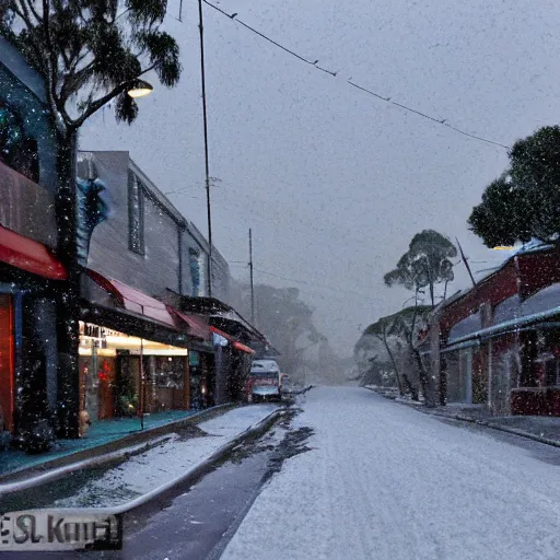 Prompt: snow falling, australia, nsw, inner west suburb, main street, winter