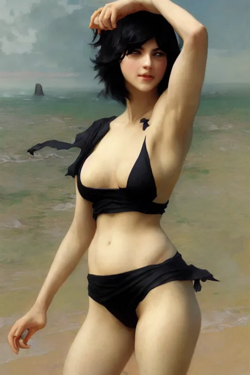 Image similar to nami, short blonde black hair, bikini, digital art from artstation by ruan jia and mandy jurgens and artgerm and william - adolphe bouguereau