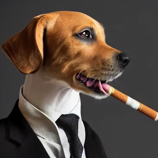 Image similar to a high detail closeup photograph of a dog wearing a suit 👔,and smoking a cigarrette🚬, award wining photograph, digital art