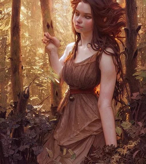 Image similar to beautiful cottagecore woman with brown hair, intricate, magical forest, stunning, highly detailed, digital painting, artstation, concept art, smooth, sharp, focus, illustration, art by artgerm and greg rutkowski and alphonse mucha