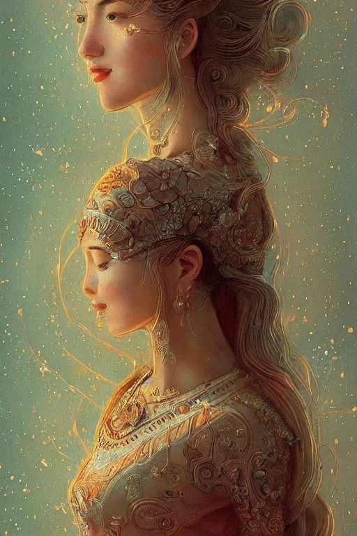 Prompt: intricate, amazing, retro vintage and romanticism, painting by natelle quek, soft color palette, cinematic, highly detailed, godess from space sci - fi of ancient religion