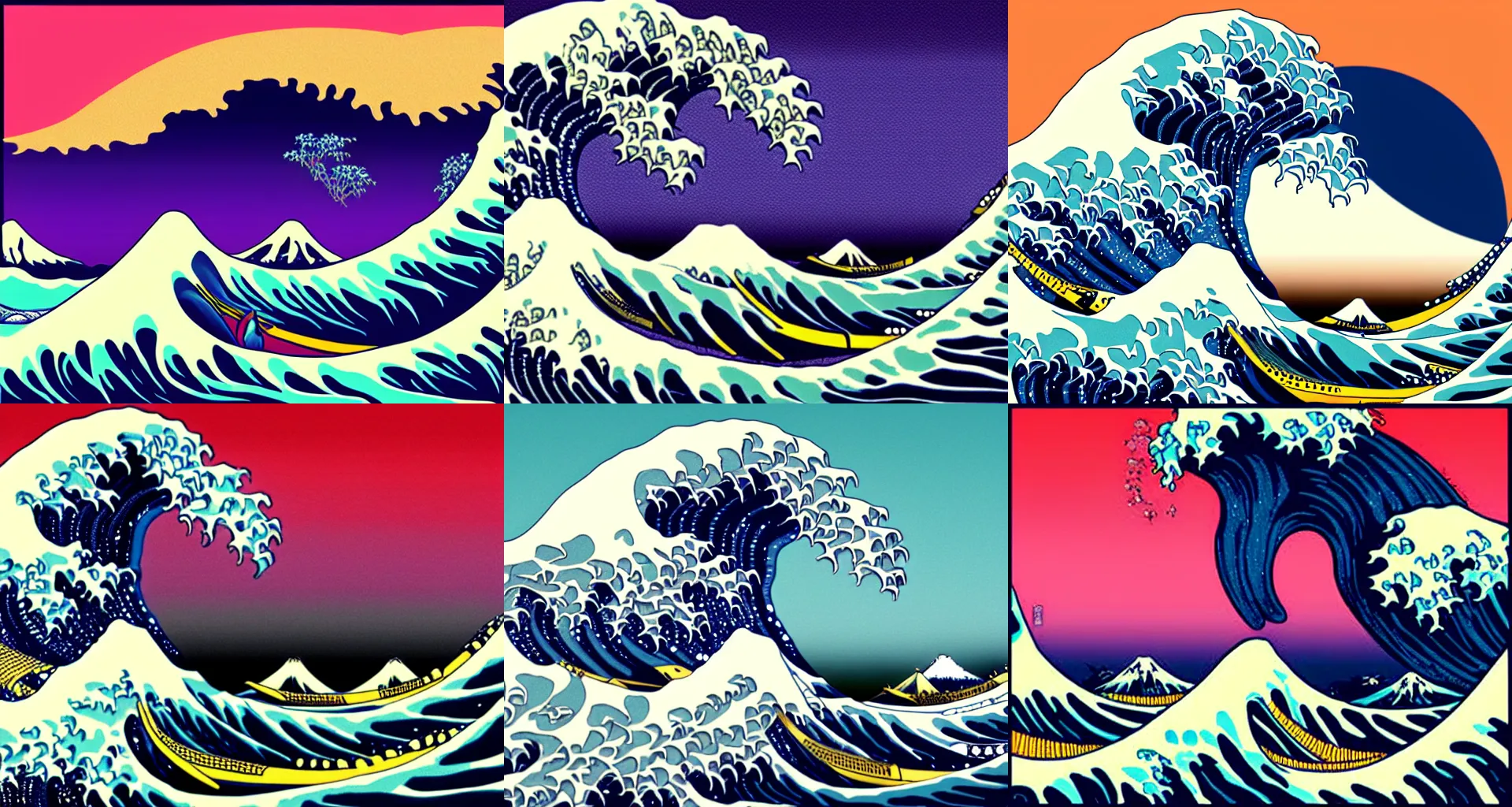 Prompt: The Great Wave Off Kanagawa, synthwave, vector art