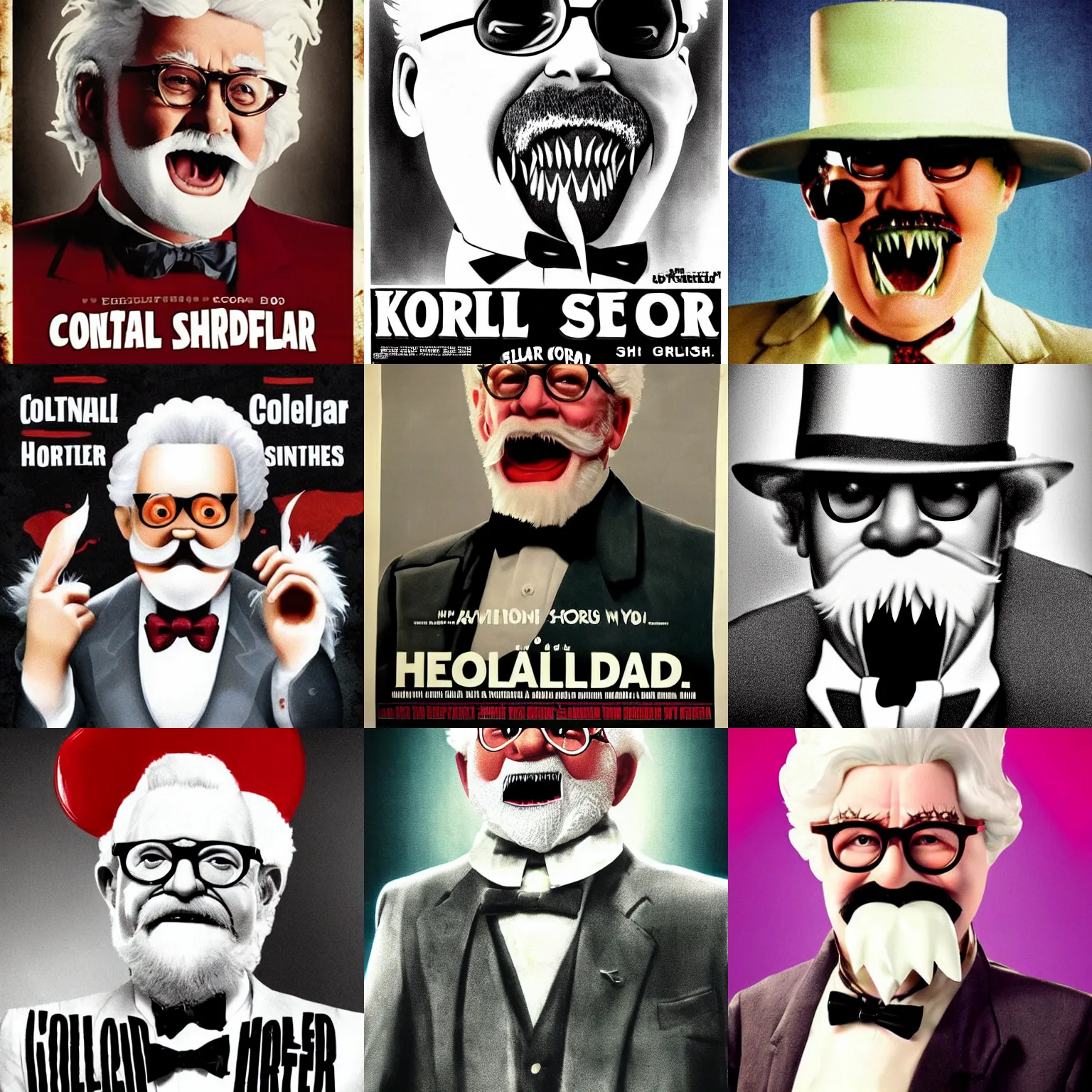 Prompt: horror film poster. colonel sanders with sharp teeth smirking. realistic.
