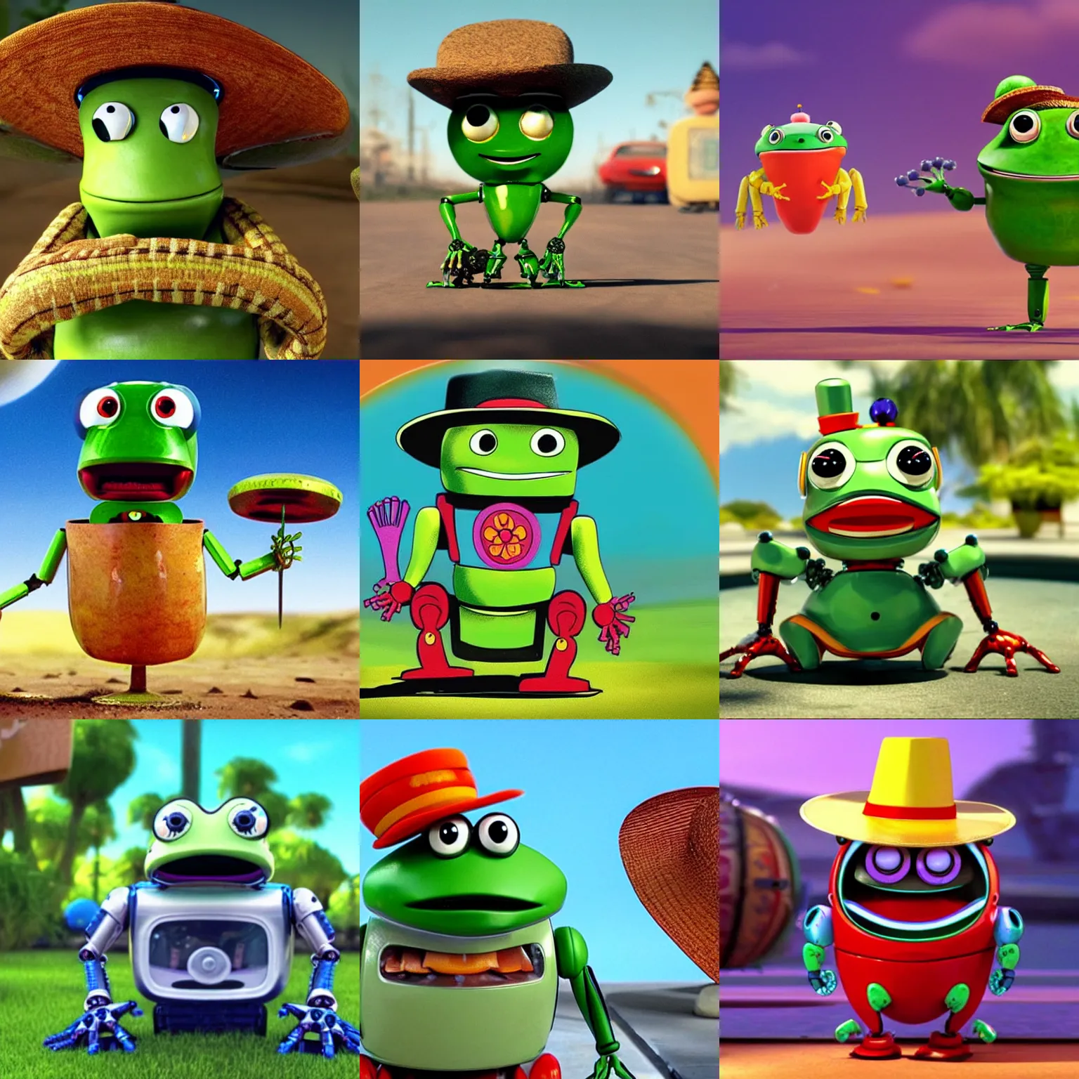 Prompt: a happy robot frog wearing a sombrero looks very high, funny animated movie, award winning