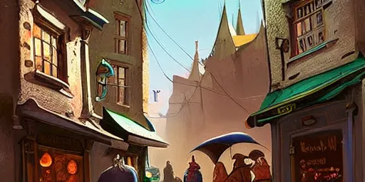 Image similar to a busy street within a fascinating old fantasy city, quirky shops, narrow streets, old buildings, old stone steps, street life, by Sylvain Sarrailh, cinematic, stunning composition, beautiful digital painting, oil painting, dungeons and dragons, lord of the rings