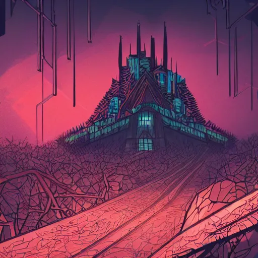 Prompt: detailed dystopic cyberpunk illustration of steep long zig - zag path to an evil sharp fantasy castle over a high dark blue hill, orange to pink gradient sky and thunderstorm background. forest underneath