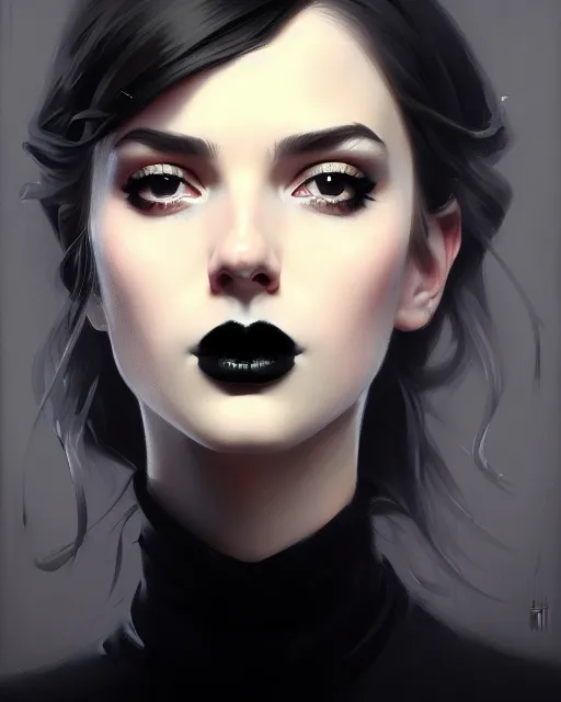 Image similar to stylized portrait by aykutmakut of an artistic pose, composition, young cute serious fancy lady with black paint in her face, cinematic moody colors, realistic shaded, fine details, realistic shaded lighting poster by ilya kuvshinov, magali villeneuve, artgerm, jeremy lipkin and michael garmash and rob rey