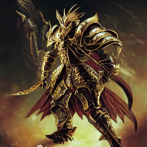 Prompt: golden dragon born fighter wearing plate armor, matte painting, painted by yoshitaka amano