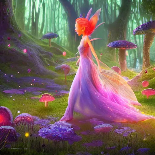 Prompt: beautiful faerie princess walks through happy trippy fungal landscape, weta pixar 8 k detailed face award winning photography, cosmic, heavenly, god rays, intricate detail, cinematic, unreal engine, cel shaded