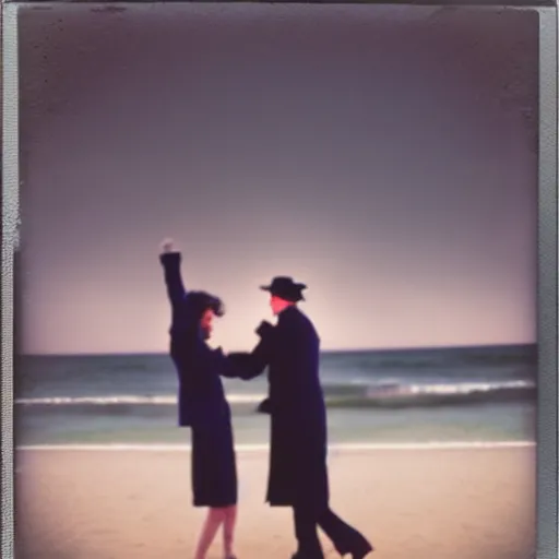 Image similar to 9 0 s polaroid photograph of a man and woman both wearing trenchcoats at night, dancing together on a beach during cloudy weather, vignette