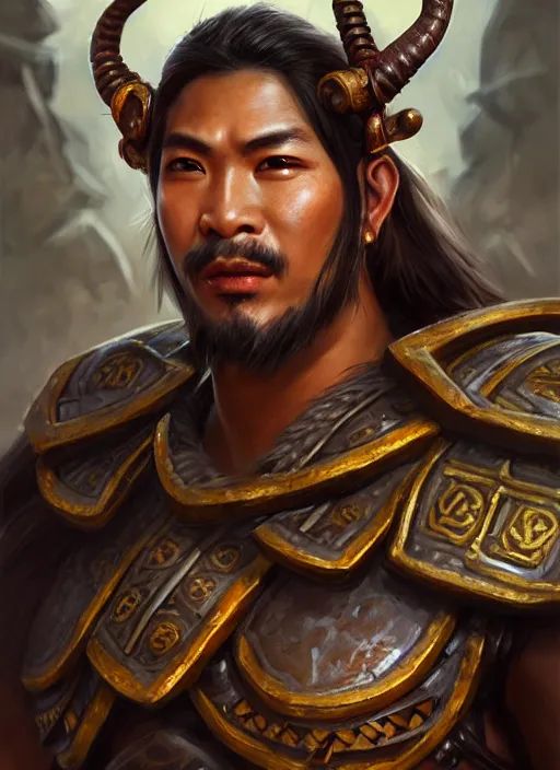Prompt: smart tai warlord, closeup portrait, historical, ethnic group, sukhothai costume, bronze headset, fantasy, intricate, with leather armor cross onbare chest, elegant, loin cloth, highly detailed, oil painting, artstation, concept art, matte, sharp focus, illustration, hearthstone, art by earl norem