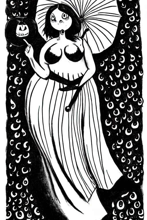 Prompt: black and white ink drawing of a beautiful curvy woman in short gothic skirt holding an umbrella next to a pumpkin by tim burton and edward gory