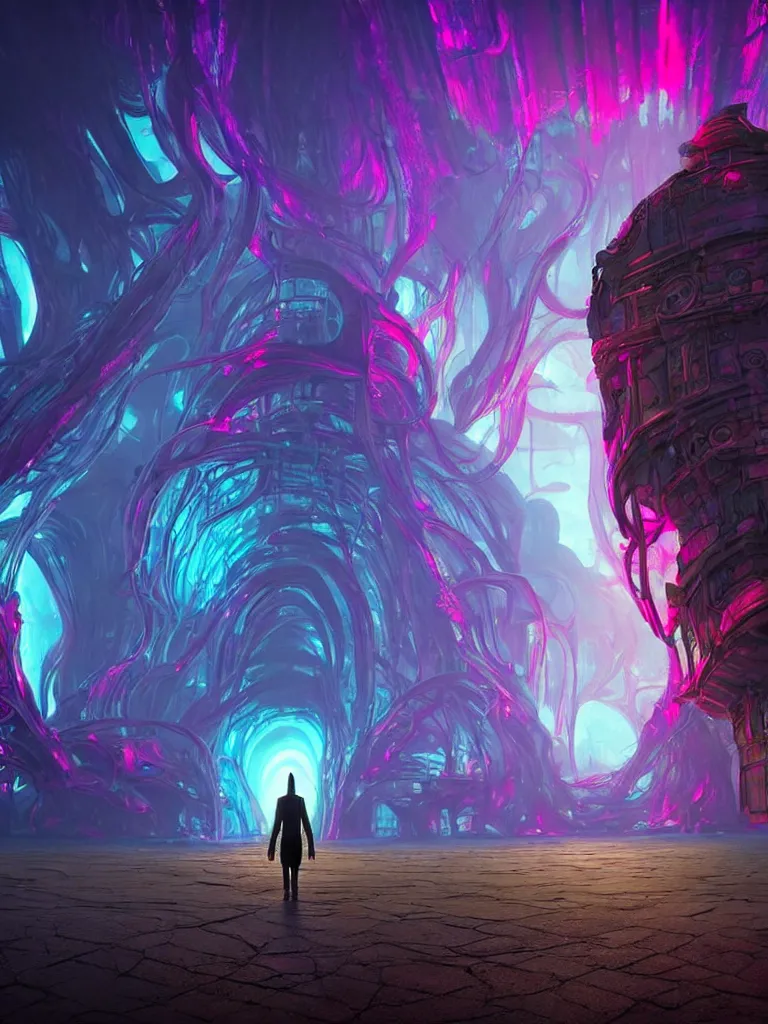 Image similar to entrance to ethereal realm, god waiting, rendered in unreal engine, central composition, symmetrical composition, dreamy colorful cyberpunk colors, 6 point perspective, fantasy landscape with anthropomorphic!!! terrain!!! in the styles of igor morski, jim warren, and rob gonsalves, intricate, hyperrealistic, volumetric lighting, neon ambiance, distinct horizon