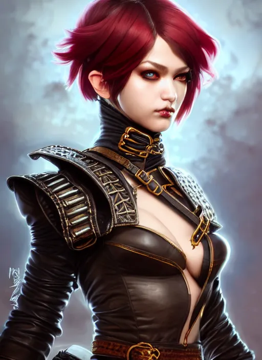 Image similar to rogue, fantasy ornate leather bandit outfit!!! close - up portrait beautiful and athletic short hair female!! gorgeous face and eyes!! character concept art, sharp focus, octane render! unreal engine 5! highly rendered!! trending on artstation!! detailed linework!! illustration by artgerm, wlop, and chie yoshii