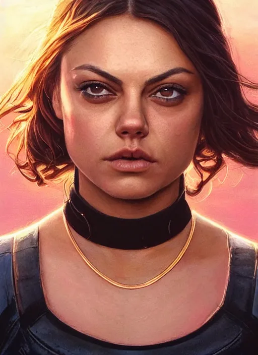 Image similar to epic portrait of Mila Kunis wearing black choker, a very strong muscled Amazon heroine, sun beams across sky, pink golden hour, intricate, elegance, highly detailed, shallow depth of field, epic vista, concept art, art by Artgerm and Donato Giancola, Joseph Christian Leyendecker