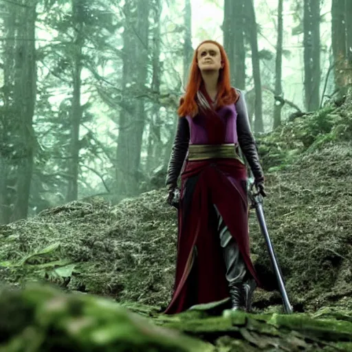 Image similar to movie still of alicia silverstone as frustrated sith mara jade on the forested mountain planet wayland in star wars episode vii : heir to the empire