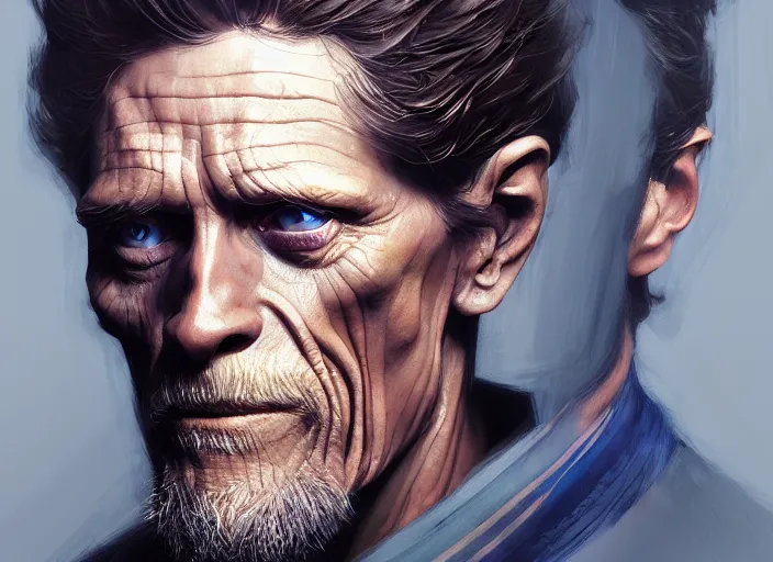 Image similar to williem dafoe as oscar diggs, intricate, d & d, fantasy, art nouveau, digital painting, trending on artstation, sharp focus, illustration, concept design, global illumination, ray tracing, art by artgerm and greg rutkowski and ruan jia