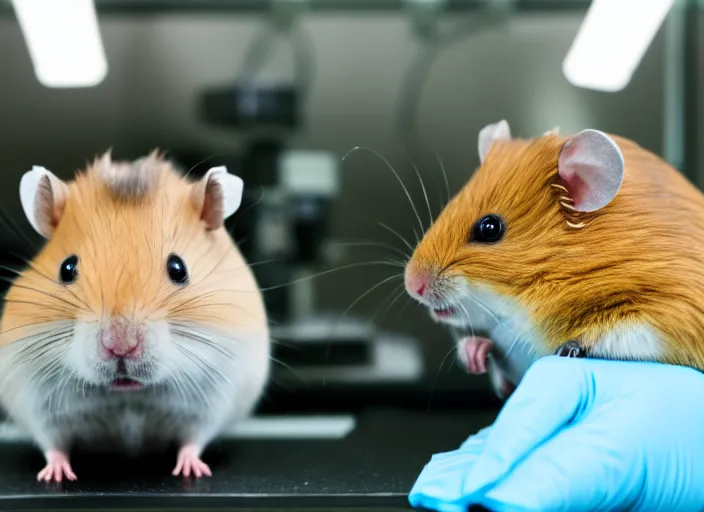 Image similar to film still of a hamster working in a research lab finding the cure for cancer, 8 k