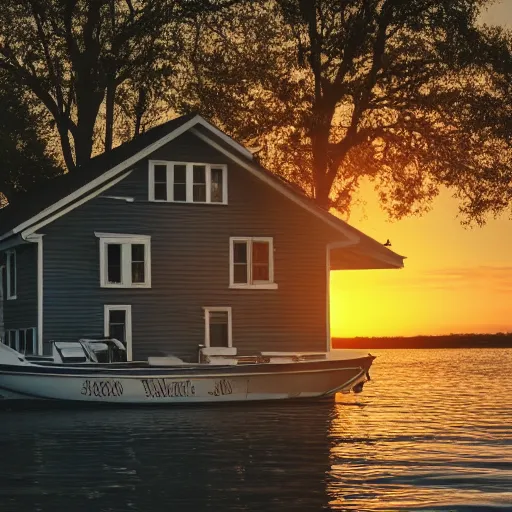 Image similar to a photo of a house, boat on the water, sunset