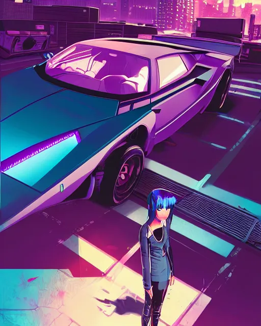 Image similar to digital illustration of cyberpunk pretty girl with blue hair, looking at a purple lamborghini, in junkyard at night, by makoto shinkai, ilya kuvshinov, lois van baarle, rossdraws, basquiat