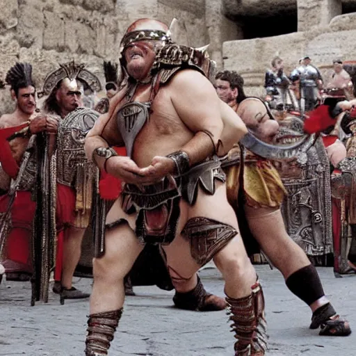 Prompt: Danny DeVito dressed as a gladiator in the streets of Ancient Rome