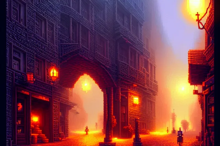 Image similar to a city street in athas under the dark sun, beautiful detailed pixelart by albertov, intricate details, beautiful, dithered gradients, volumetric lighting, cgsociety, artstation, 2 d, smooth, sharp, focus, illustration, art by artgerm, by greg rutkowski, by dan mumford