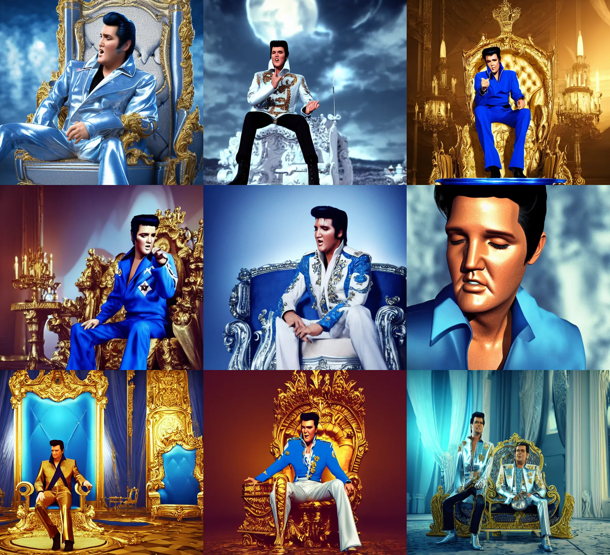 Prompt: elvis presley as the king of the world, sitting on his throne in his castle, atmospheric lighting, blue reflective eyes, nice composition, hyper real, photorealistic, octane render, trending on artstation, award winner
