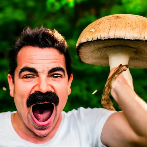 Image similar to photo of real life mario finding a giant mushroom, exhilarated, portrait, closeup. mouth open, 30mm, bokeh