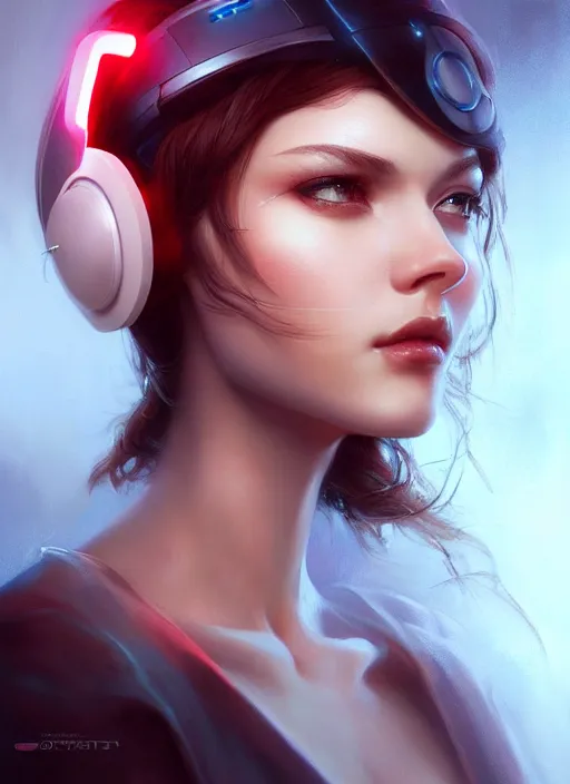 Image similar to a beautiful woman wearing a cyber headset, painted by artgerm and tom bagshaw, fantasy art, dramatic lighting, highly detailed oil painting