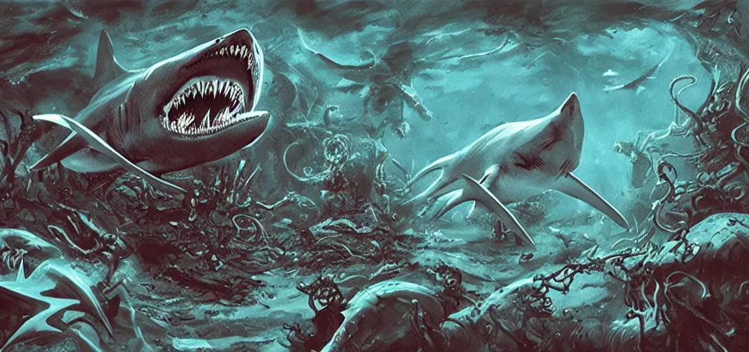 Image similar to concept art of shark attack, lovecraftian, lots of teeth, melting horror, fighting the horrors of the unknown with laser guns