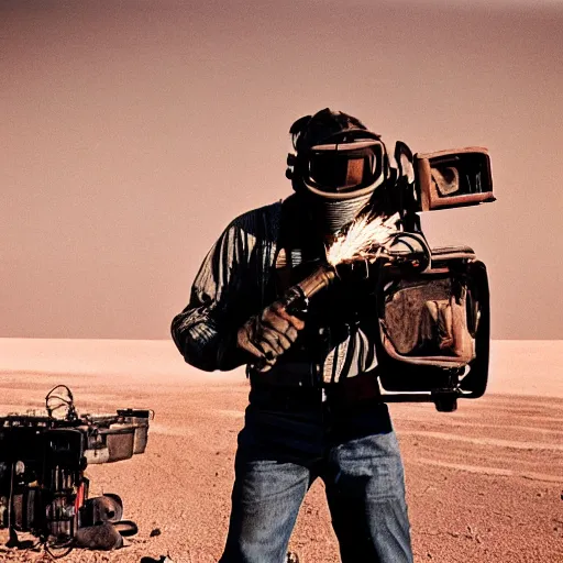 Image similar to a man wearing heavy equipment and a welding mask, in the desert, action movie, Mad Max inspired, film still, arriflex 35