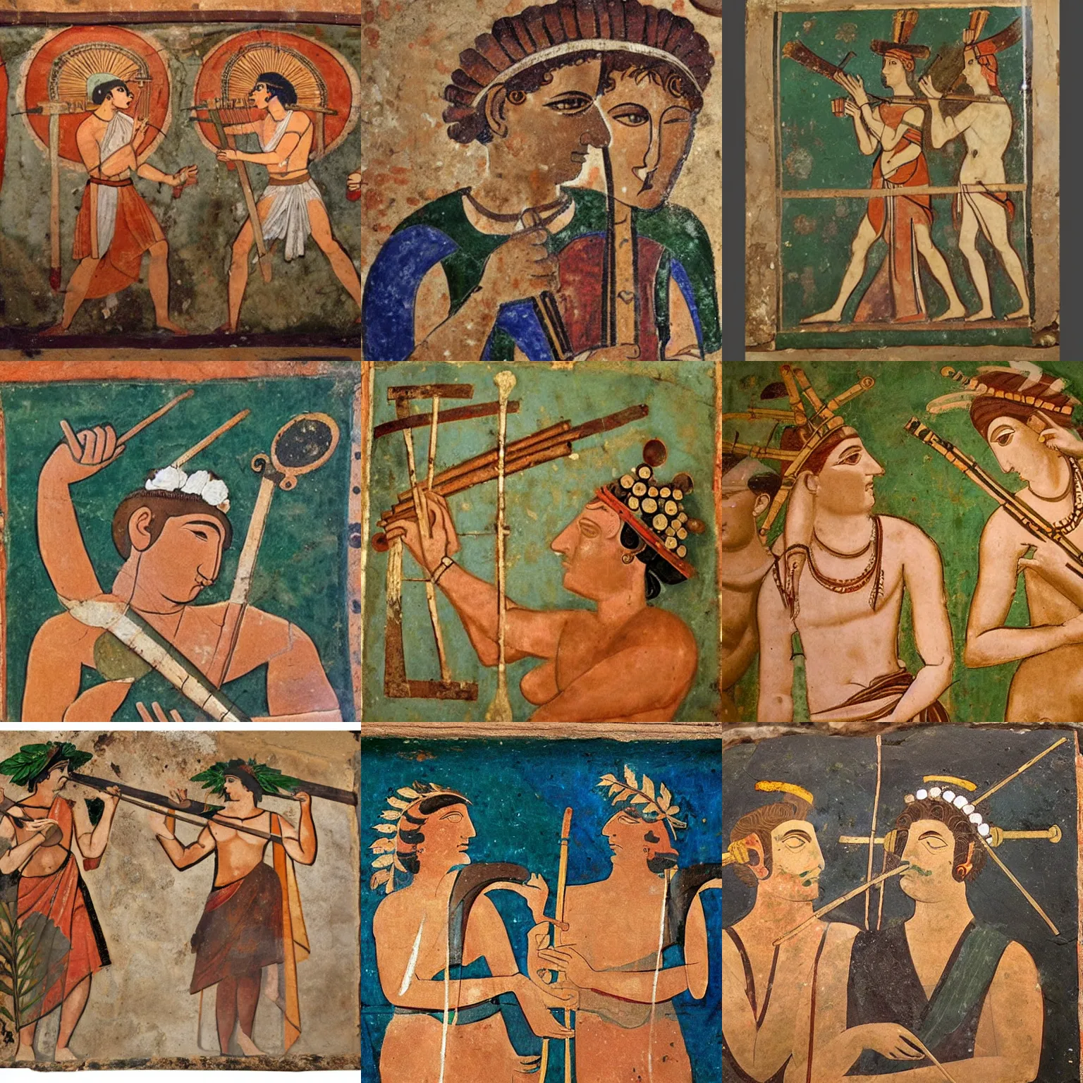 Prompt: an etruscan mural painting with a double flute player wearing a laurel wreath as a hat