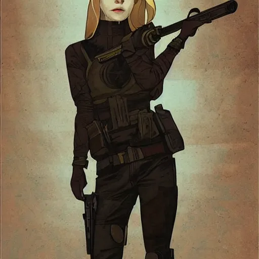 Image similar to Elle Fanning as Sniper Wolf picture by Sachin Teng, asymmetrical, dark vibes, Realistic Painting , Organic painting, Matte Painting, geometric shapes, hard edges, graffiti, street art:2 by Sachin Teng:4