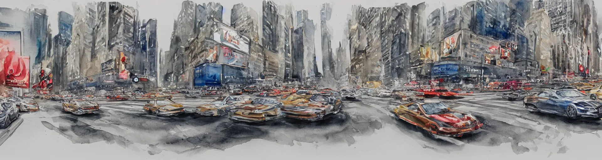 Image similar to a detailed watercolor sketch of cars racing in new york city