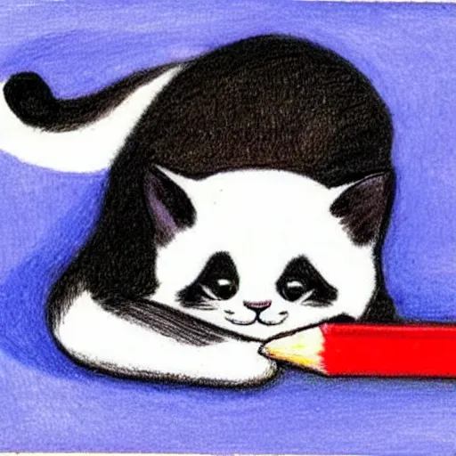 Image similar to child drawning of a cute kitten with panda body and cat face, crayon