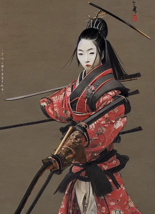 Prompt: a japanese oil painting of a beautiful samurai woman posing with a samurai sword, very aesthetic, detailed face, in the style of, greg rutkowski, boris vallejo, neal hanson, frank frazetta, goddess of war, epic fantasy character art, samurai armor, high fantasy, full length, exquisite detail low angle, masterpiece, cinematic