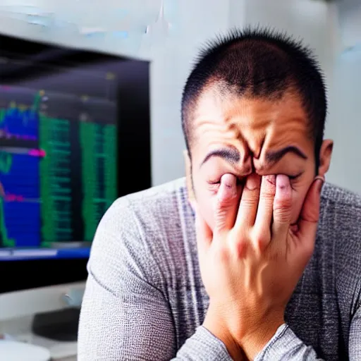 Image similar to a day trader crying in front of a computer