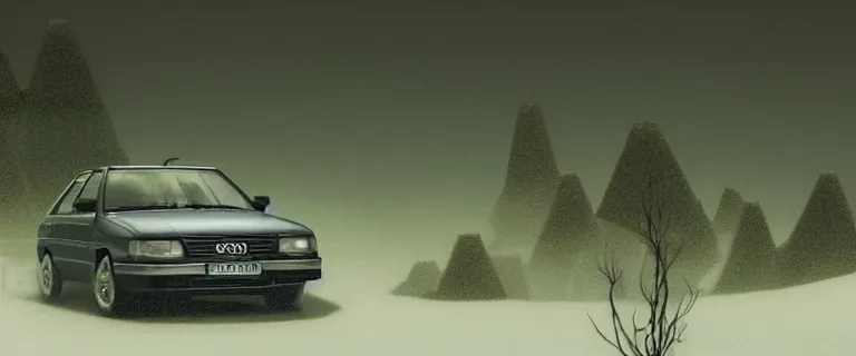 Image similar to Audi 80 B3 Avant (1988) floating in the void, a horror sci-fi, dramatic lighting, cinematic, off-world, space, zero gravity, eldritch horror creatures floating through space, lack of ground, dark, establishing shot, extremely high detail, photorealistic, cinematic lighting, artstation, by simon stalenhag