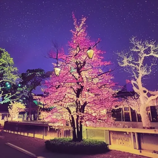 Prompt: beautiful anime tree at night with lots of lights and a tori gate