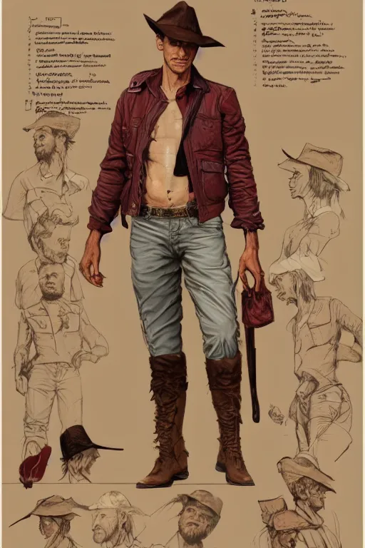 Prompt: character design, reference sheet, uncropped, 40's adventurer, unshaven, optimistic, stained dirty clothing, straw hat, riding boots, red t-shirt, dusty brown bomber leather jacket, detailed, concept art, photorealistic, hyperdetailed, , art by Leyendecker and frazetta,