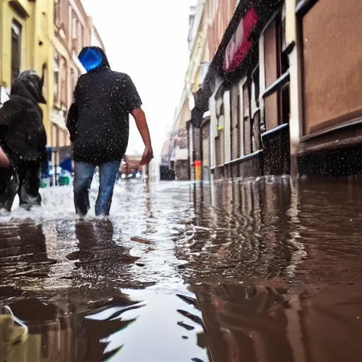 Image similar to people on street get flooded on chocolate liquid rain,