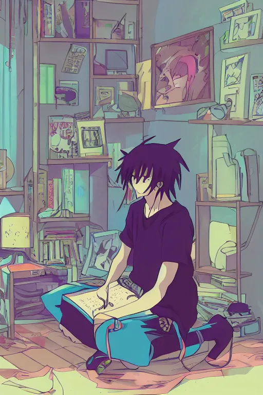 Image similar to anime goth guy sitting on the floor of a cluttered 9 0 s bedroom reading a book, vaporwave colors, lo - fi, concept art, smooth, detailed, toon shading, cel shading, animation, 4 k, hd,