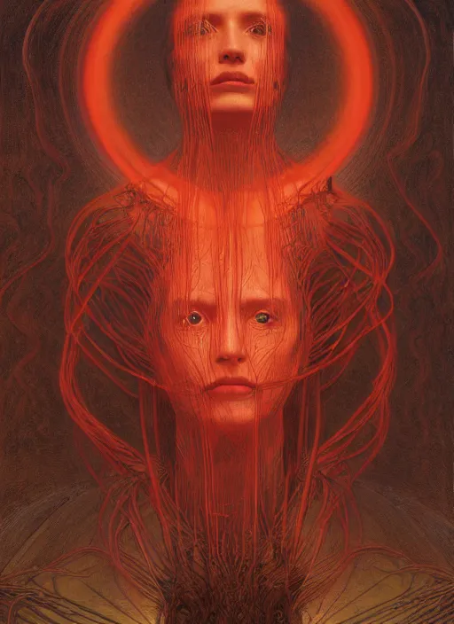 Image similar to Woman masterpiece, red, golden halo behind her head, red wires wrap around, by Edgar Maxence and Ross Tran, Zdzisław Beksiński, and Michael Whelan, distant, gustav dore, H.R. Giger, 8k, octane render