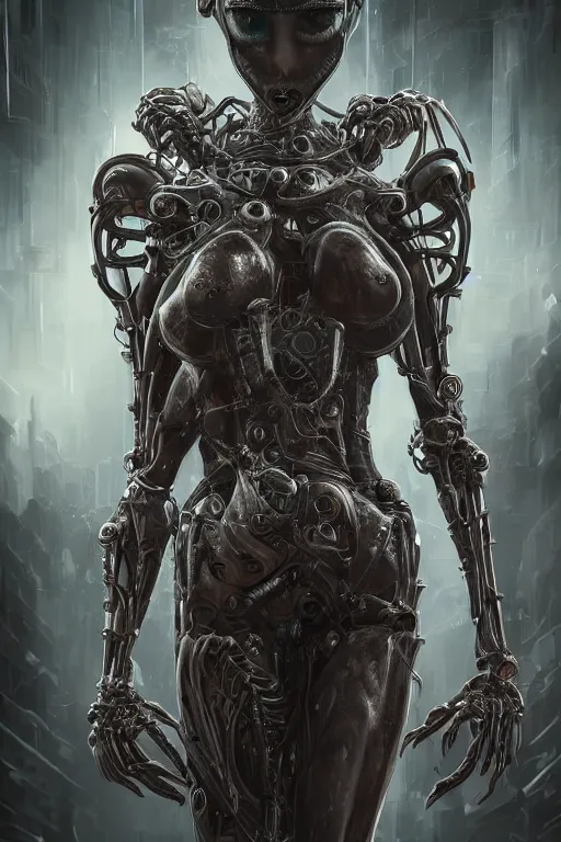 Prompt: ultra realist and ultra intricate detailed soft painting of an beautiful armored arachne female biomechanical body, symmetry features, sensual gloomy style, volumetric clouds, cyberpunk background, artstation, unreal render, depth of field