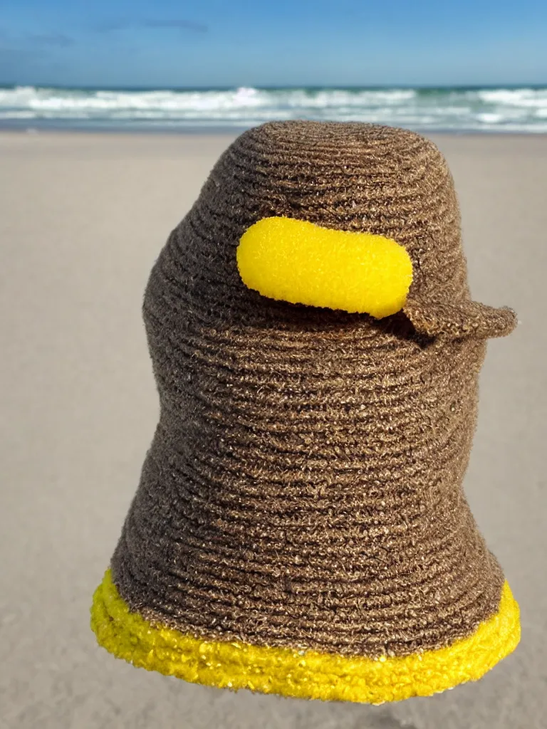 Image similar to an add campain for a yellow freezbee in the shape of a hat, taking place on the beach, closeup shot with depth of field, high quality promotional picture