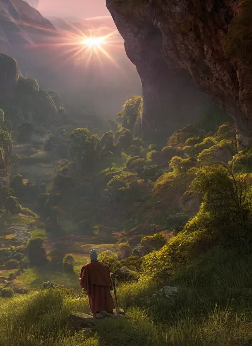 Image similar to a monk in lord of the rings scenery landscape, looking out at a vast lush valley at sunrise with a temple on a mountain in the distance, god's rays, highly detailed, vivid color, cinematic lighting, perfect composition, 8 k, gustave dore, derek zabrocki, greg rutkowski, belsinski, octane render