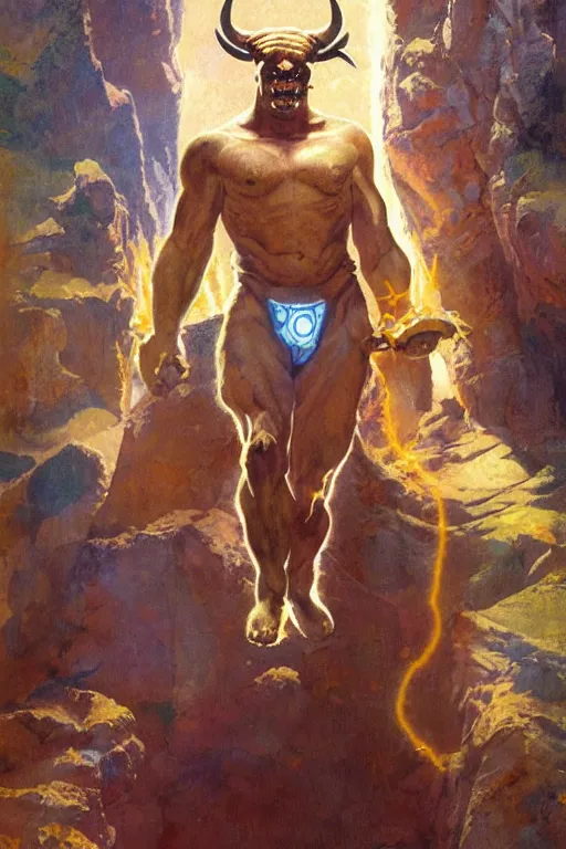 Prompt: pulp scifi fantasy illustration full body portrait minotaur half man half bull, background of glowing mystic runs in rock, dynamic action, by norman rockwell, jack kirby, alex ross, bergey, craig mullins, ruan jia, jeremy mann, tom lovell, 5 0 s science fiction, astounding stories, amazing, fantasy, other worlds